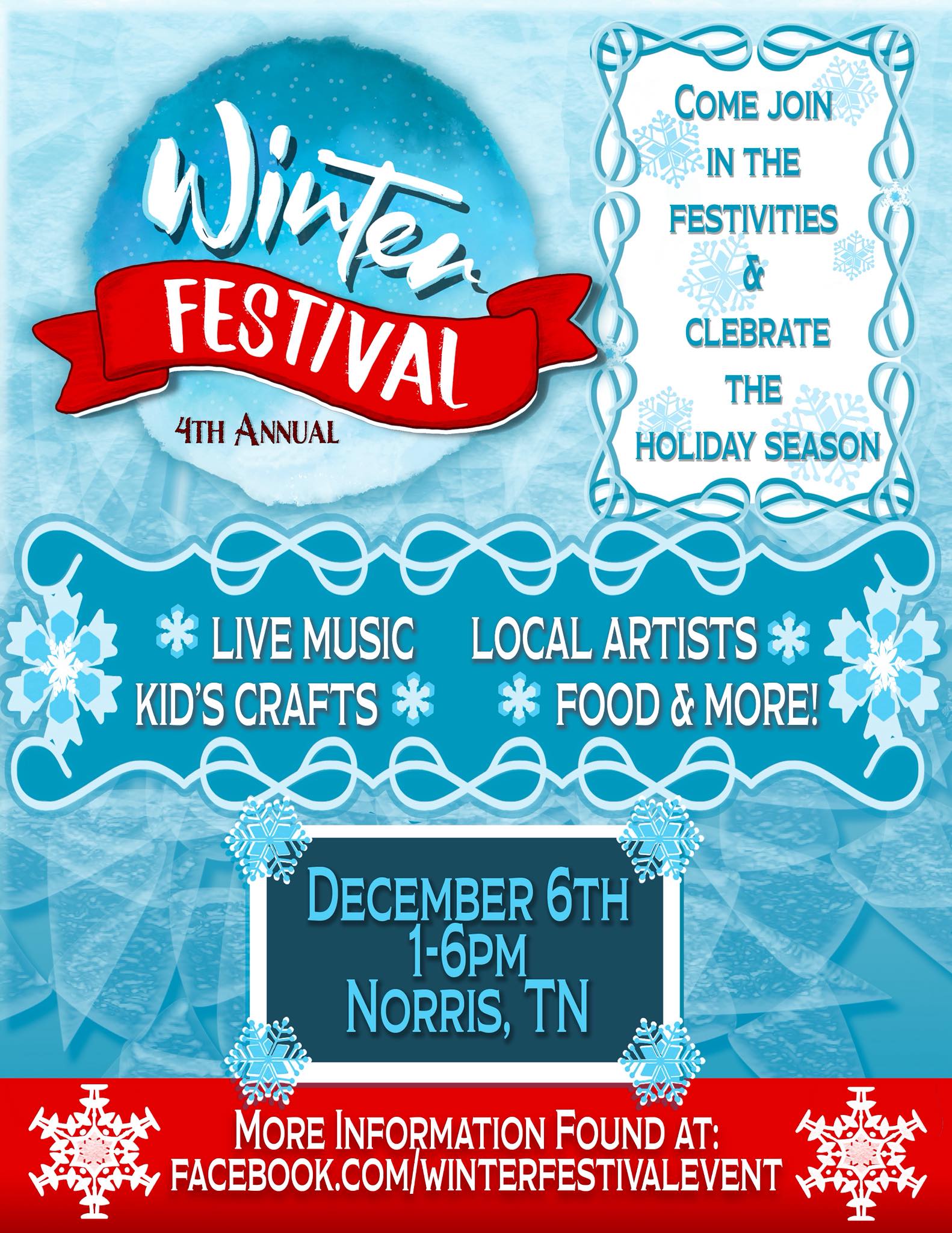 4th Annual Winter Festival: Live music, local artists, kid's crafts, food, and more! December 6th, 1pm-6pm